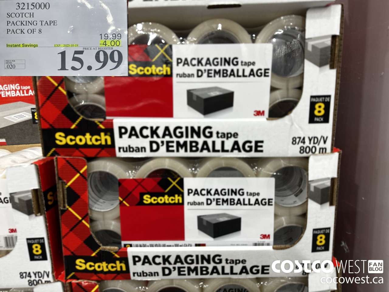 3215000 SCOTCH PACKING TAPE 48MM x 100M PACK OF 8 ($4.00 INSTANT SAVINGS EXPIRES ON 2025-10-19) $15.99