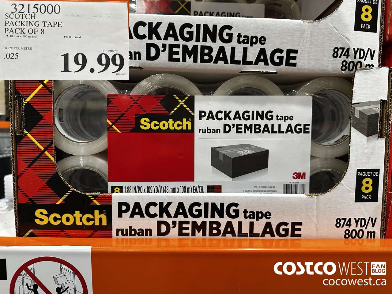 3215000 SCOTCH PACKING TAPE PACK OF 8 $19.99