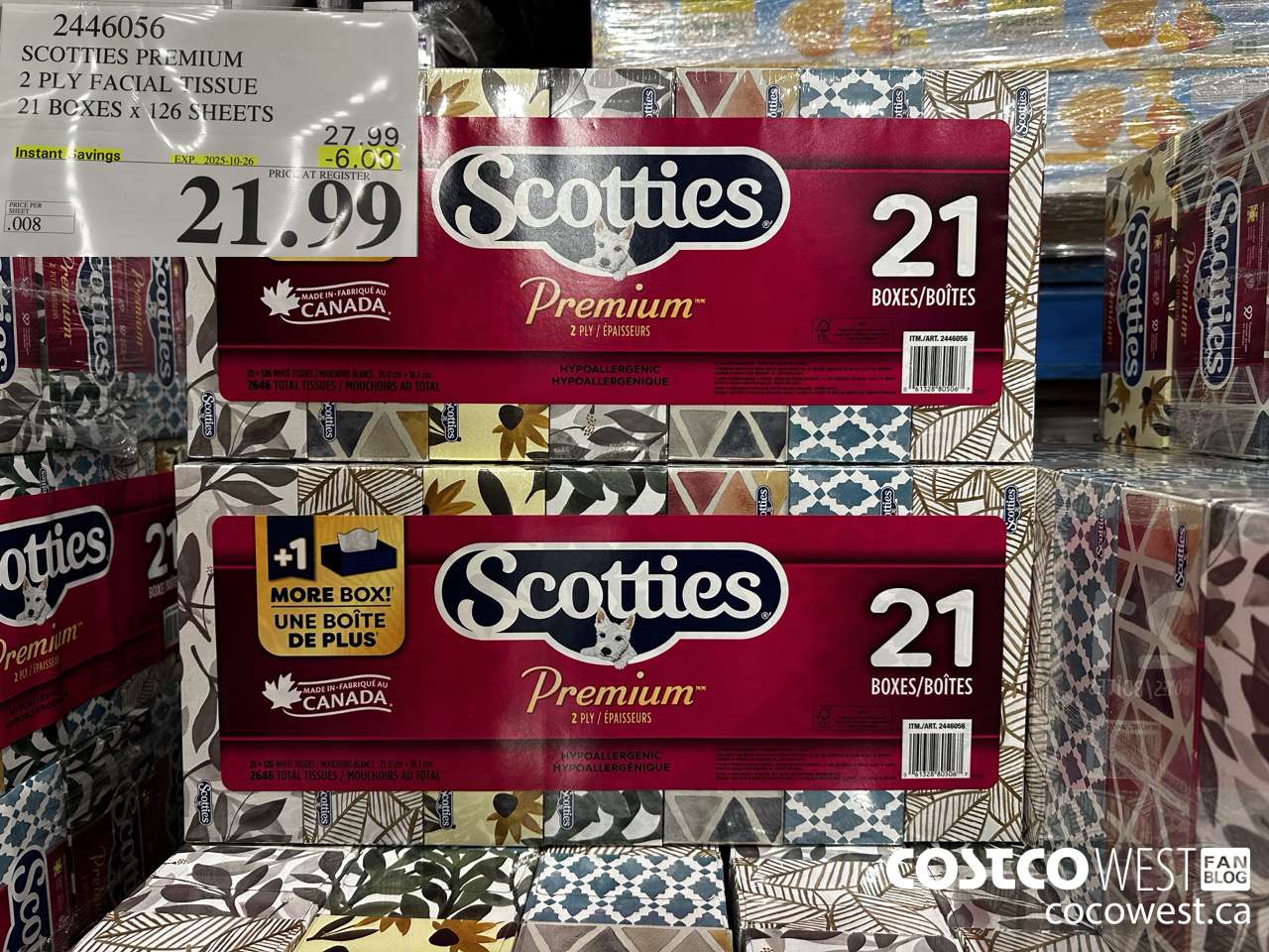 2446056 SCOTTIES PREMIUM 2 PLY FACIAL TISSUE 21 BOXES X 126 SHEETS ($6.00 INSTANT SAVINGS EXPIRES ON 2025-10-26) $21.99