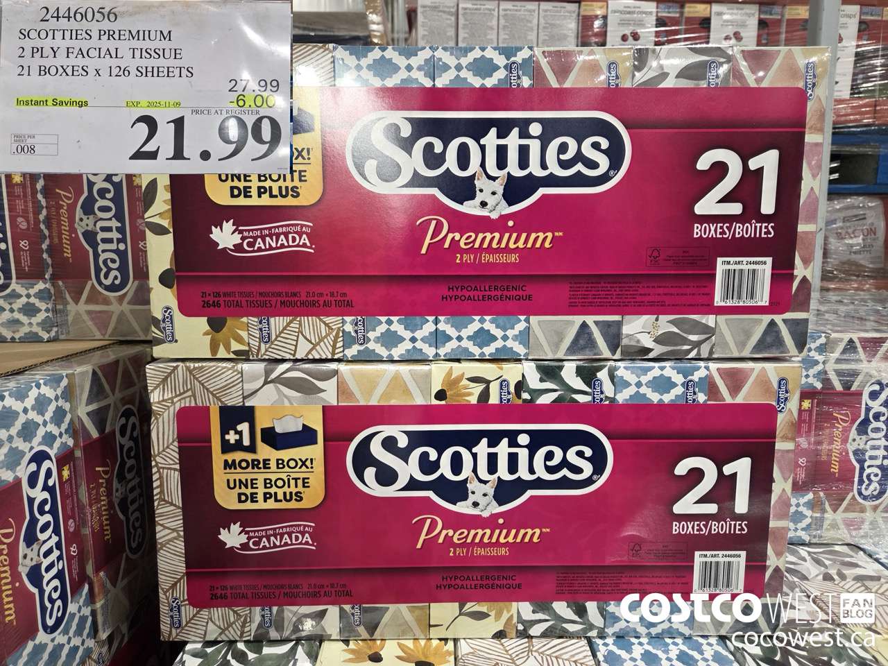 2446056 SCOTTIES PREMIUM 2 PLY FACIAL TISSUE 21 BOXES X 126 SHEETS ($6.00 INSTANT SAVINGS EXPIRES ON 2025-11-09) $21.99
