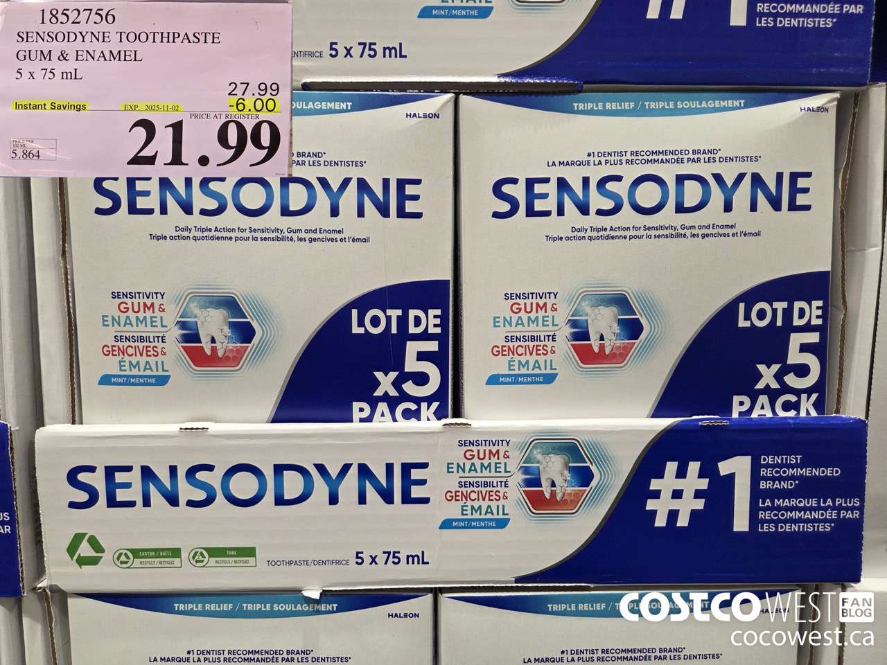 1852756 SENSODYNE TOOTHPASTE GUM & ENAMEL 5 X 75ML ($6.00 INSTANT SAVINGS EXPIRES ON 2025-11-02) $21.99