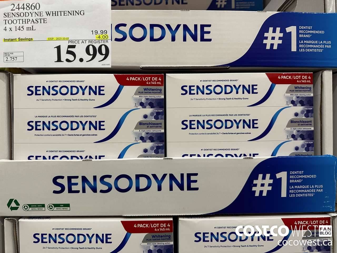 244860 SENSODYNE WHITENING TOOTHPASTE 4 X 145 ML ($4.00 INSTANT SAVINGS EXPIRES ON 2025-10-05) $15.99