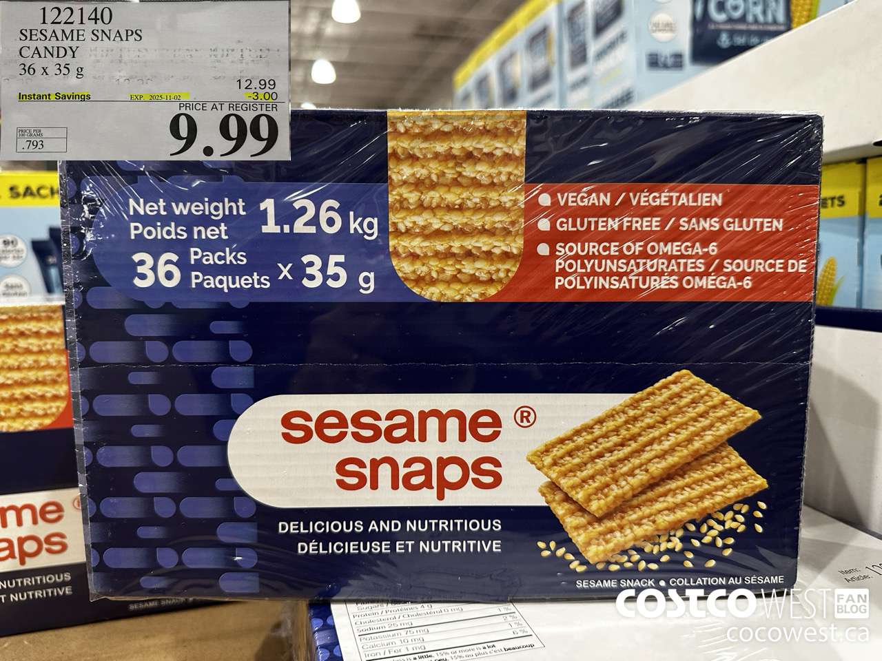 122140 SESAME SNAPS SESAME SNACKS 36 x 35 g ($3.00 INSTANT SAVINGS EXPIRES ON 2025-11-02) $9.99