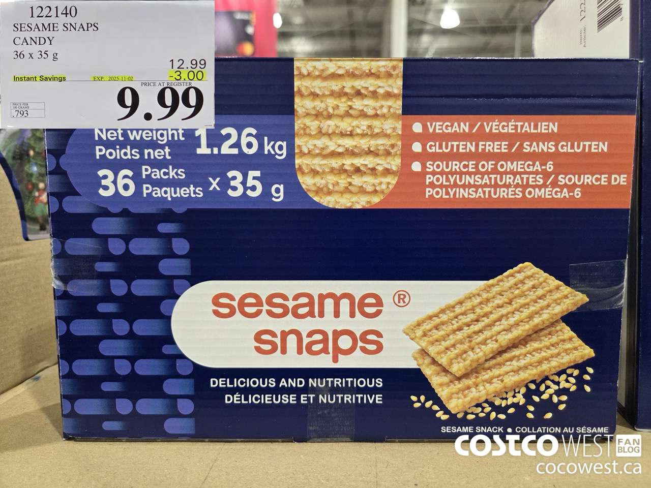 122140 SESAME SNAPS SESAME SNACKS 36 x 35 g ($3.00 INSTANT SAVINGS EXPIRES ON 2025-11-02) $9.99
