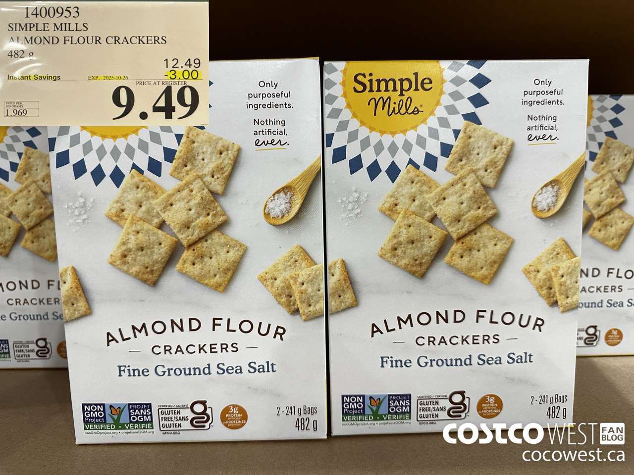 1400953 SIMPLE MILLS ALMOND FLOUR CRACKERS 482 g ($3.00 INSTANT SAVINGS EXPIRES ON 2025-10-26) $9.49