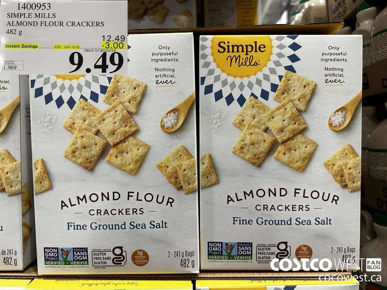 1400953 SIMPLE MILLS ALMOND FLOUR CRACKERS 482 g ($3.00 INSTANT SAVINGS EXPIRES ON 2025-10-26) $9.49