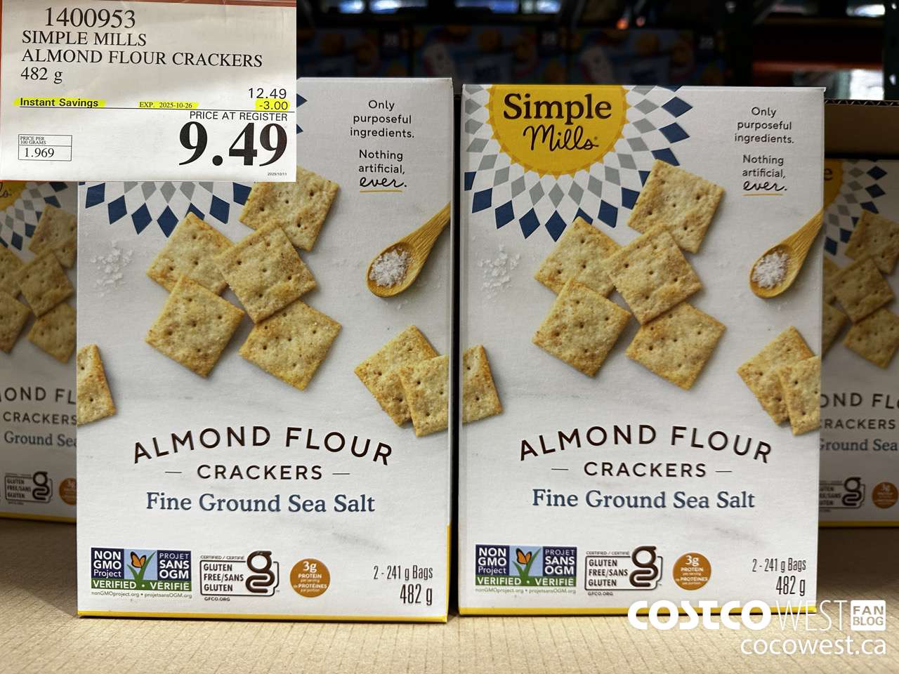 1400953 SIMPLE MILLS ALMOND FLOUR CRACKERS 482 g ($3.00 INSTANT SAVINGS EXPIRES ON 2025-10-26) $9.49