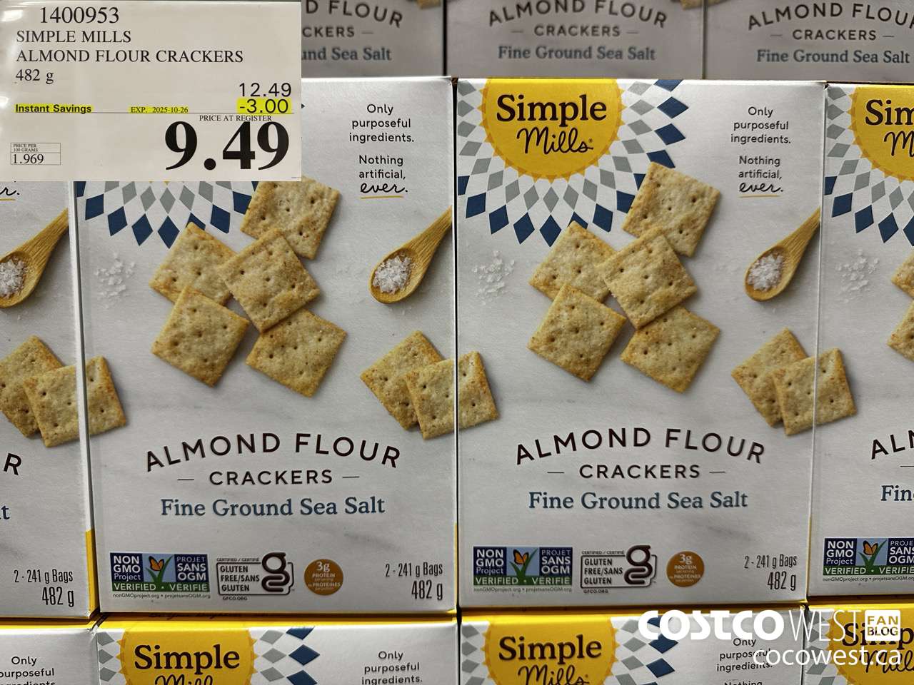 1400953 SIMPLE MILLS ALMOND FLOUR CRACKERS 482 g ($3.00 INSTANT SAVINGS EXPIRES ON 2025-10-26) $9.49