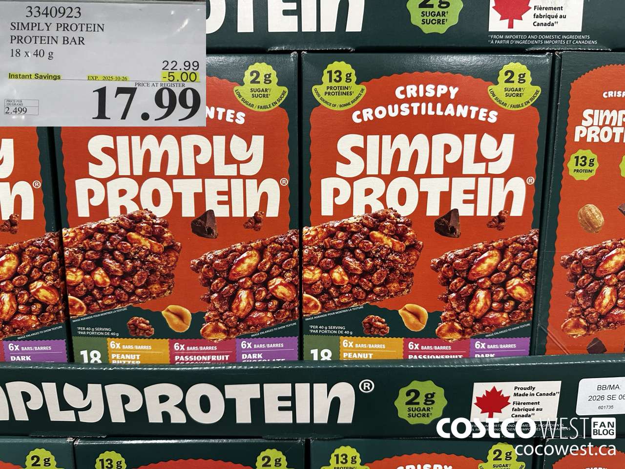 3340923 SIMPLY PROTEIN PROTEIN BARS 18 X 40G ($5.00 INSTANT SAVINGS EXPIRES ON 2025-10-26) $17.99