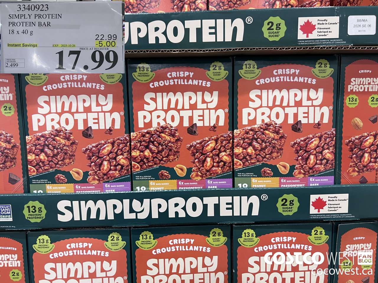 3340923 SIMPLY PROTEIN PROTEIN BARS 18 X 40G ($5.00 INSTANT SAVINGS EXPIRES ON 2025-10-26) $17.99