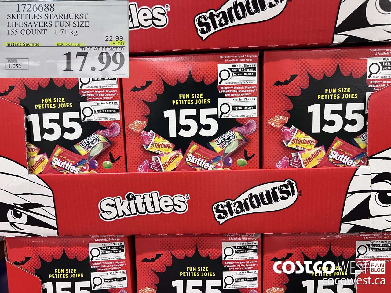 1726688 SKITTLES STARBURST LIFESAVERS FUN SIZE 155 COUNT 1.71KG ($5.00 INSTANT SAVINGS EXPIRES ON 2025-10-26) $17.99