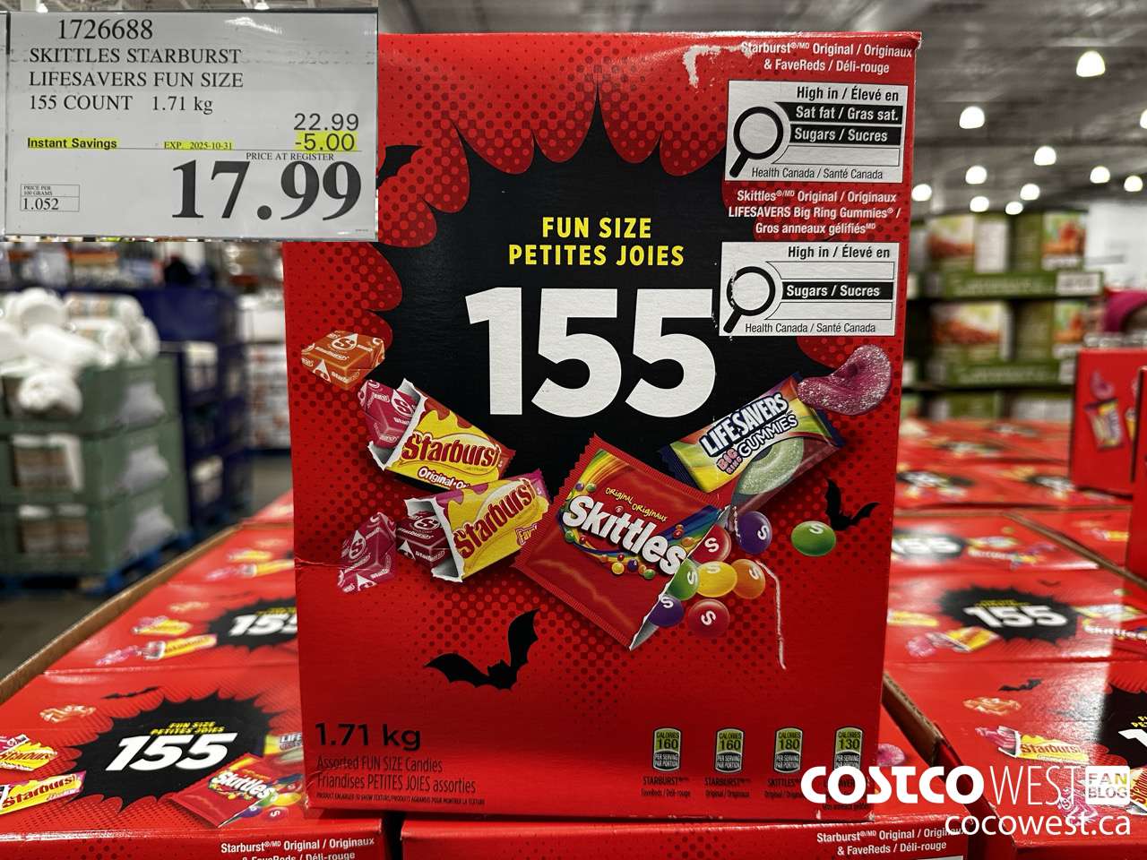 1726688 SKITTLES STARBURST LIFESAVERS FUN SIZE 155 COUNT 1.71KG ($5.00 INSTANT SAVINGS EXPIRES ON 2025-10-31) $17.99