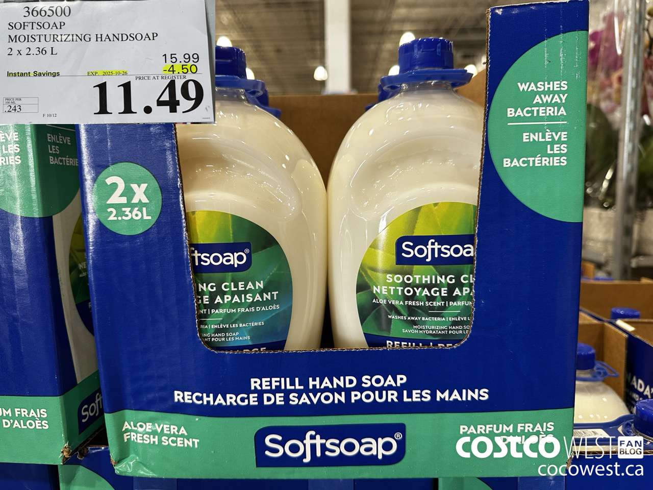 366500 SOFTSOAP HANDSOAP WITH ALOE 2 X 2.36L ($4.50 INSTANT SAVINGS EXPIRES ON 2025-10-26) $11.49