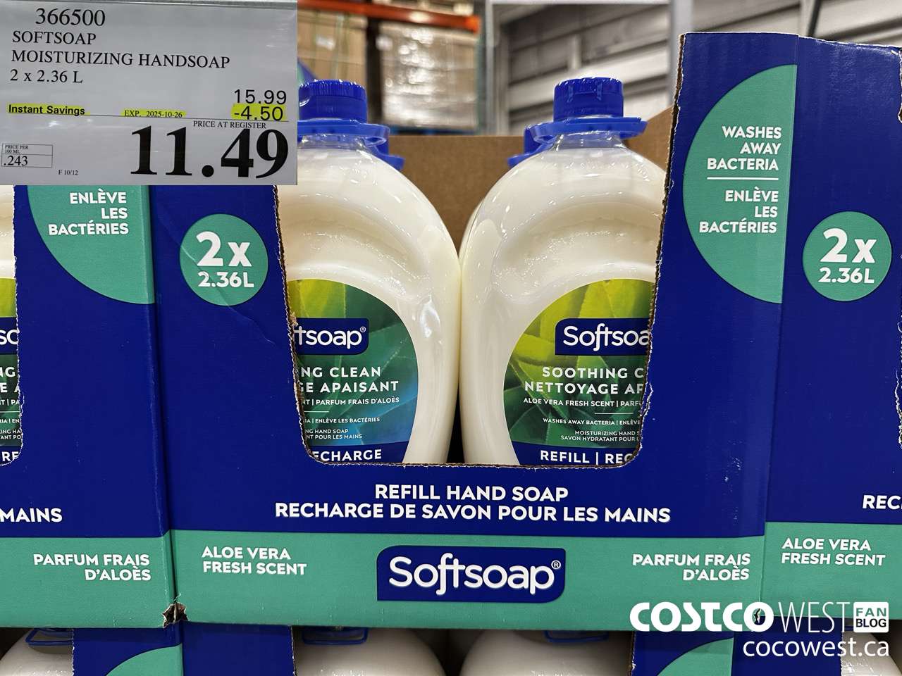 366500 SOFTSOAP HANDSOAP WITH ALOE 2 X 2.36L ($4.50 INSTANT SAVINGS EXPIRES ON 2025-10-26) $11.49