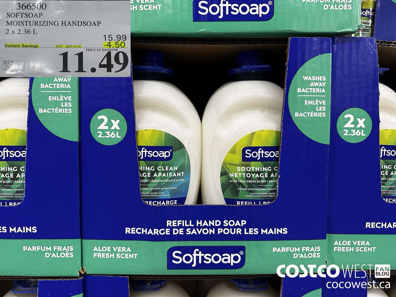 366500 SOFTSOAP HANDSOAP WITH ALOE 2 X 2.36L ($4.50 INSTANT SAVINGS EXPIRES ON 2025-10-26) $11.49