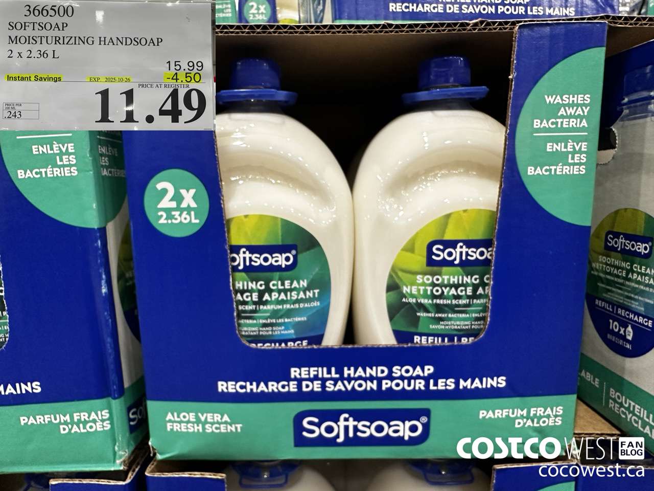 366500 SOFTSOAP HANDSOAP WITH ALOE 2 X 2.36L ($4.50 INSTANT SAVINGS EXPIRES ON 2025-10-26) $11.49