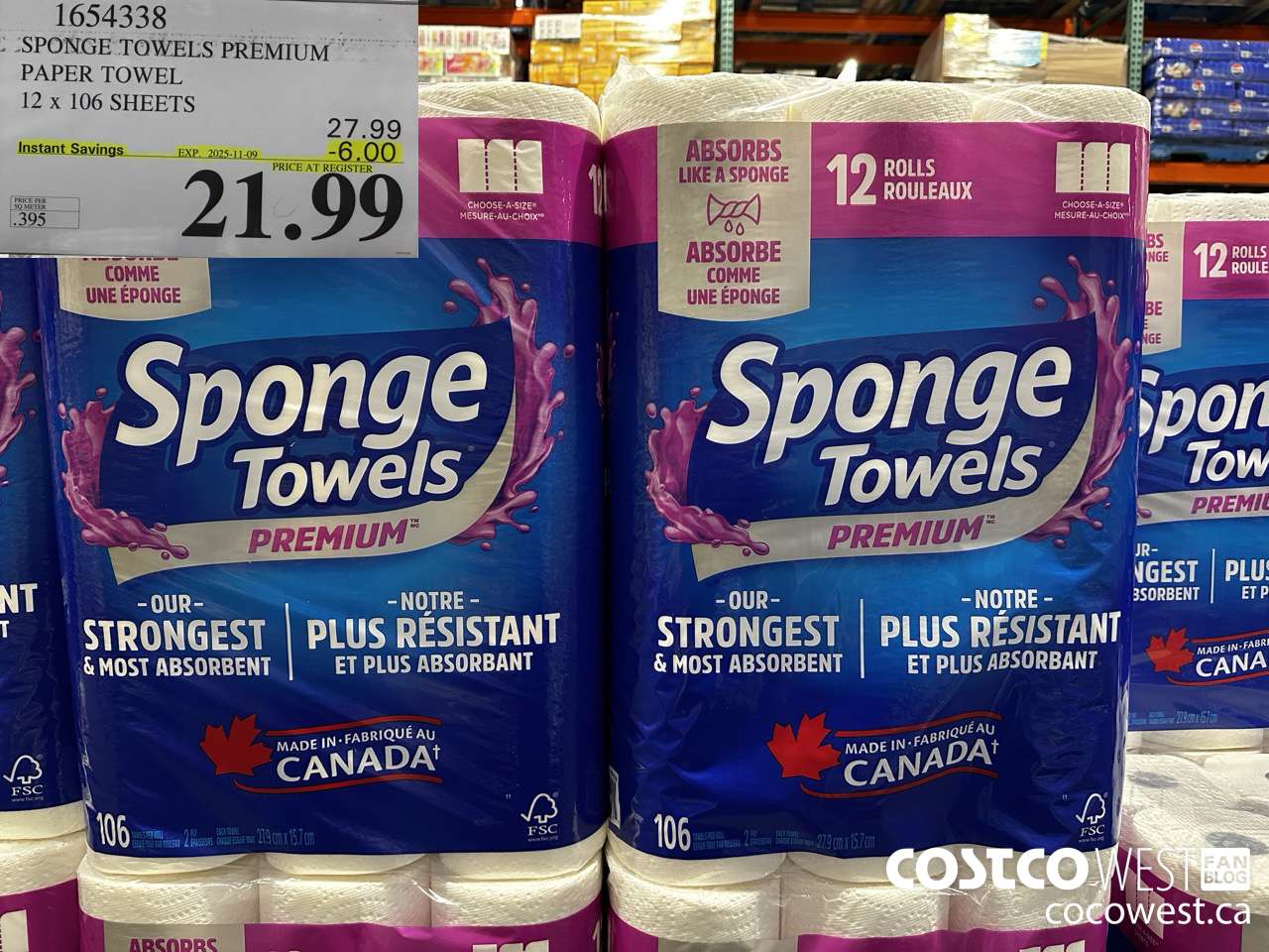 1654338 SPONGE TOWELS PREMIUM PAPER TOWEL 12 X 106 SHEETS ($6.00 INSTANT SAVINGS EXPIRES ON 2025-11-09) $21.99