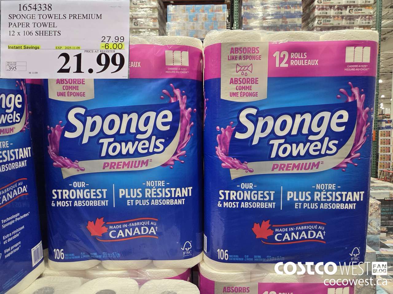 1654338 SPONGE TOWELS PREMIUM PAPER TOWEL 12 X 106 SHEETS ($6.00 INSTANT SAVINGS EXPIRES ON 2025-11-09) $21.99