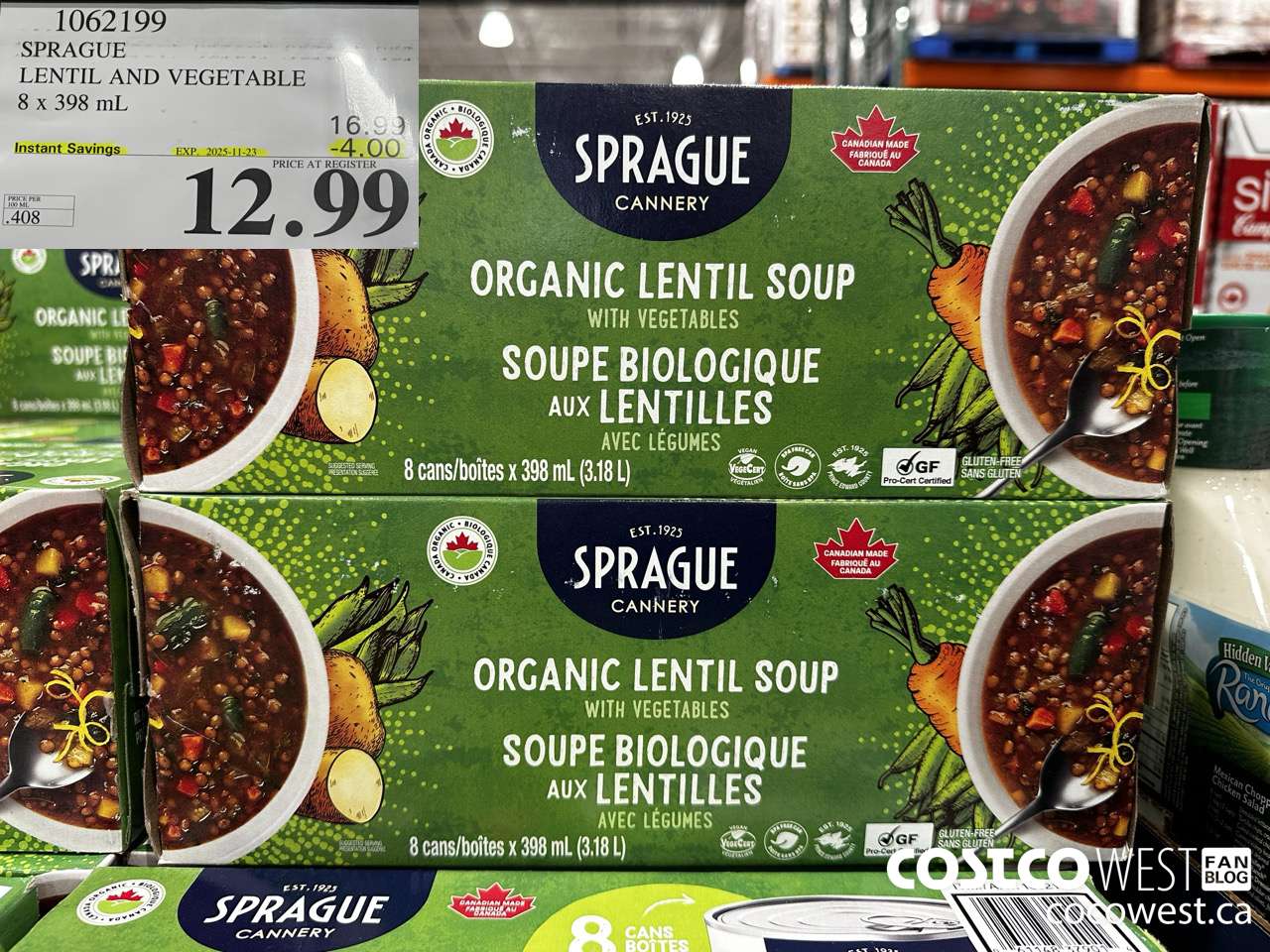 1062199 SPRAGUE ORGANIC LENTIL & VEG SOUP 8 X 398 ML ($4.00 INSTANT SAVINGS EXPIRES ON 2025-11-23) $12.99