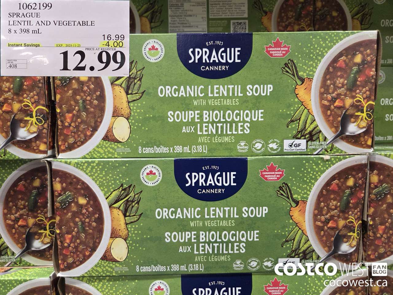 1062199 SPRAGUE ORGANIC LENTIL & VEG SOUP 8 X 398 ML ($4.00 INSTANT SAVINGS EXPIRES ON 2025-11-23) $12.99