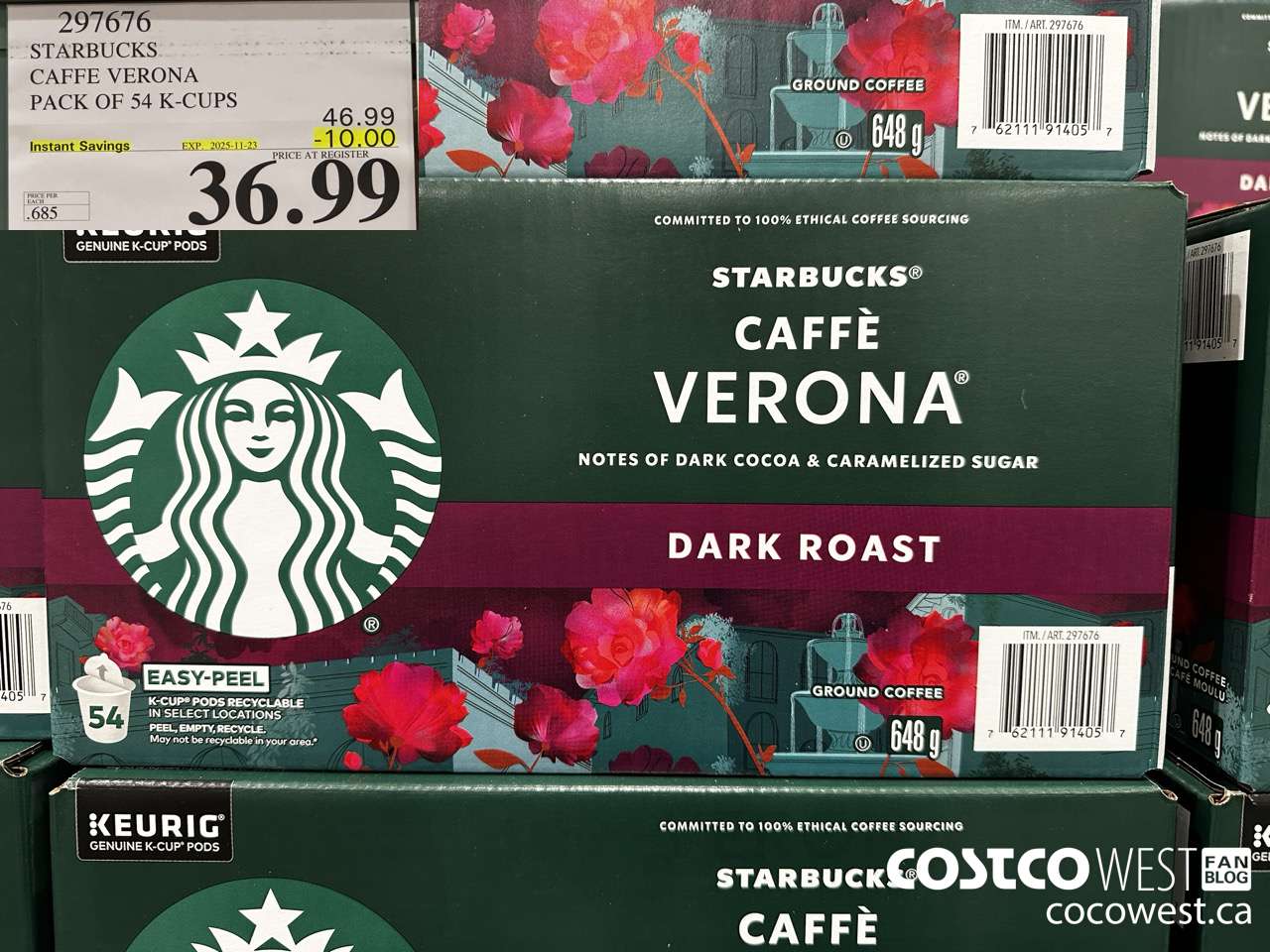 297676 STARBUCKS CAFFE VERONA K-CUPS 54 COUNT ($10.00 INSTANT SAVINGS EXPIRES ON 2025-11-23) $36.99