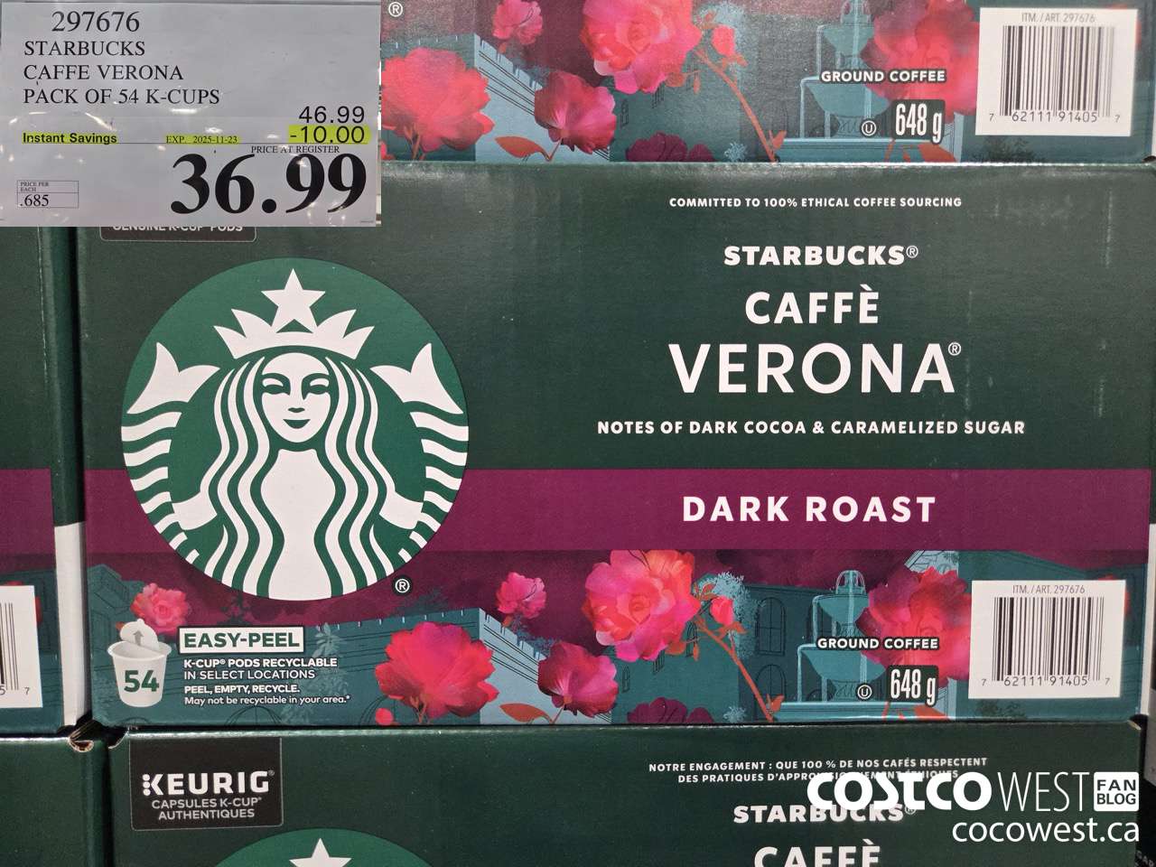 297676 STARBUCKS CAFFE VERONA K-CUPS 54 COUNT ($10.00 INSTANT SAVINGS EXPIRES ON 2025-11-23) $36.99