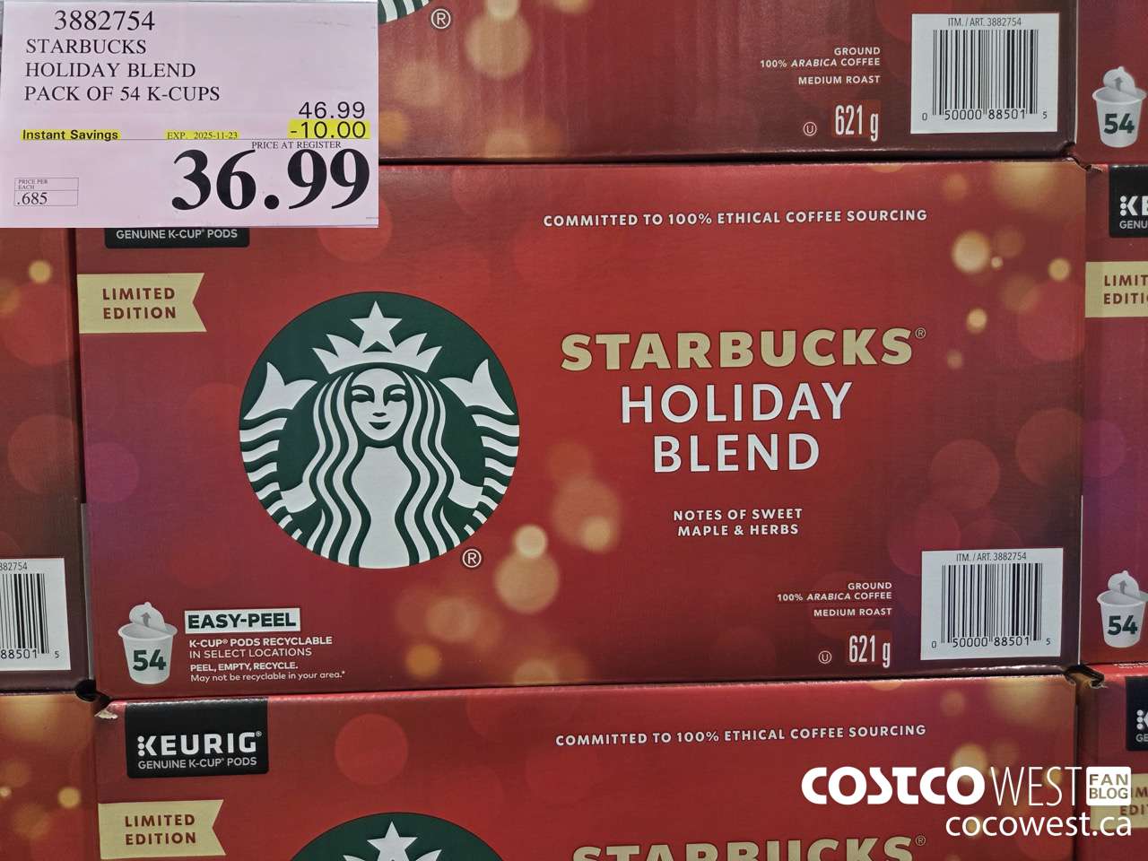 3882754 STARBUCKS HOLIDAY BLEND 54 K-CUPS ($10.00 INSTANT SAVINGS EXPIRES ON 2025-11-23) $36.99