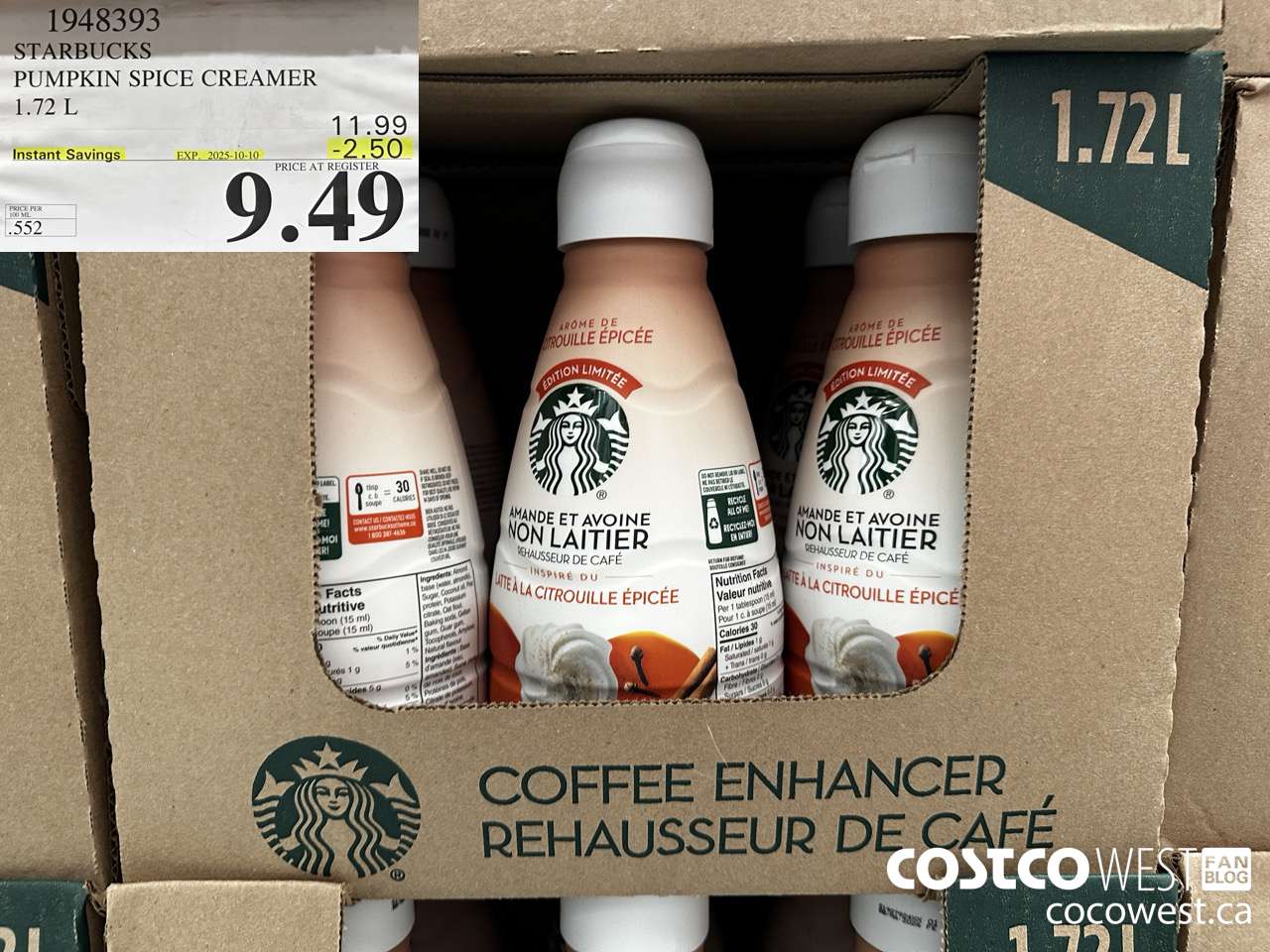 1948393 STARBUCKS PUMPKIN SPICE CREAMER 1.72L ($2.50 INSTANT SAVINGS EXPIRES ON 2025-10-10) $9.49
