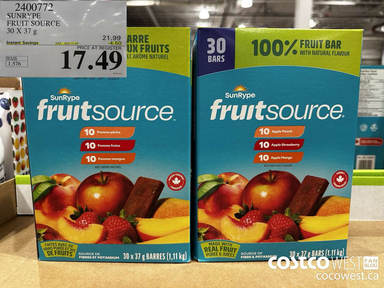 2400772 SUNRYPE FRUIT SOURCE 30 X 37G ($4.50 INSTANT SAVINGS EXPIRES ON 2025-11-09) $17.49