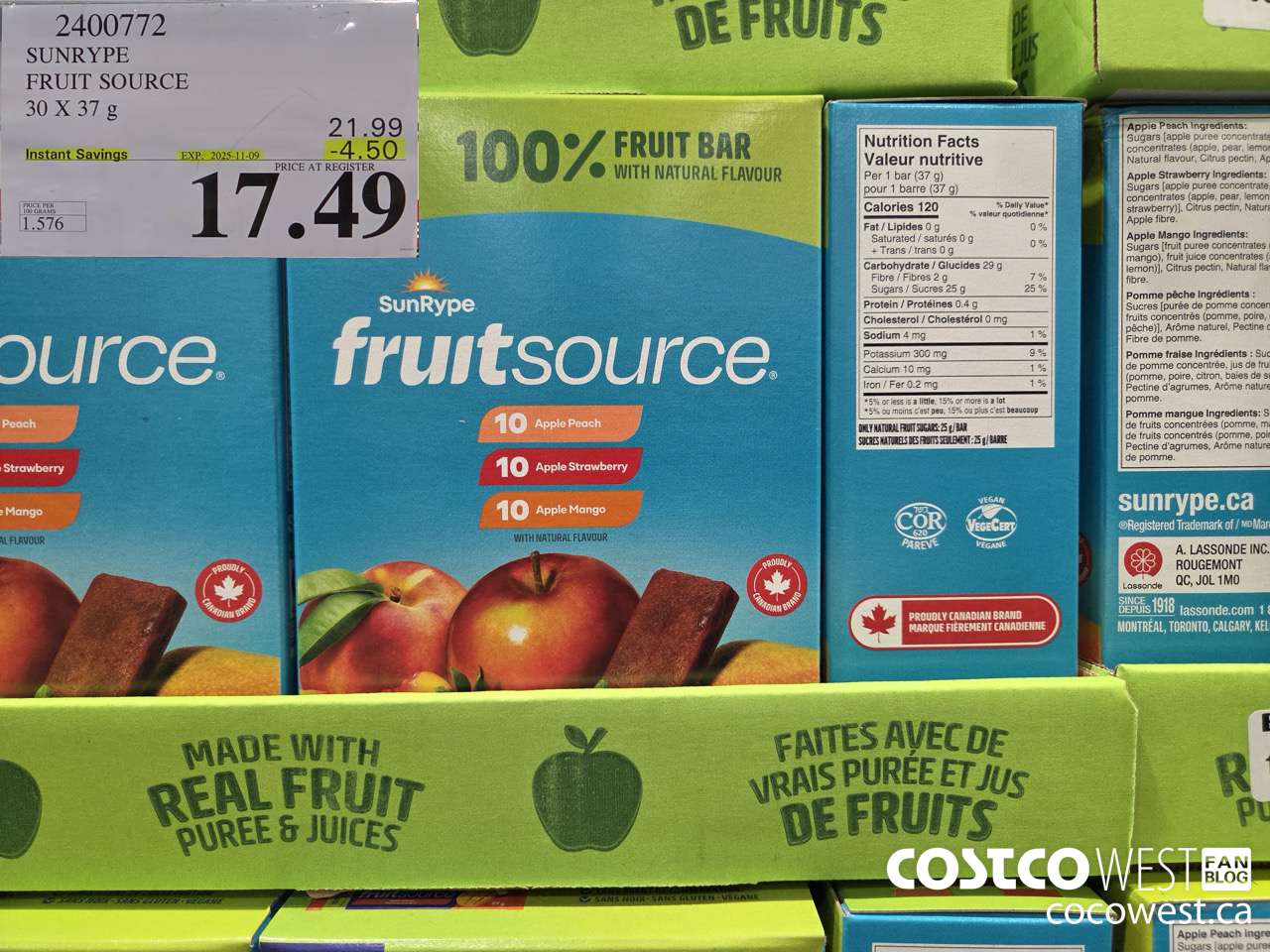2400772 SUNRYPE FRUIT SOURCE 30 X 37G ($4.50 INSTANT SAVINGS EXPIRES ON 2025-11-09) $17.49