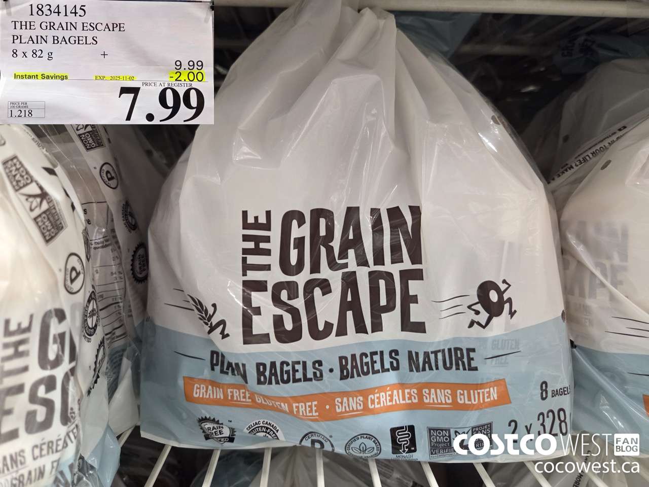 1834145 THE GRAIN ESCAPE PLAIN BAGELS 8 X 82G ($2.00 INSTANT SAVINGS EXPIRES ON 2025-11-02) $7.99