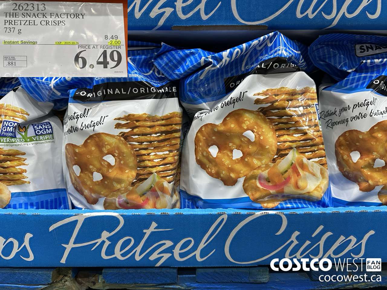 262313 THE SNACK FACTORY PRETZEL CRISPS 737 g ($2.00 INSTANT SAVINGS EXPIRES ON 2025-10-26) $6.49