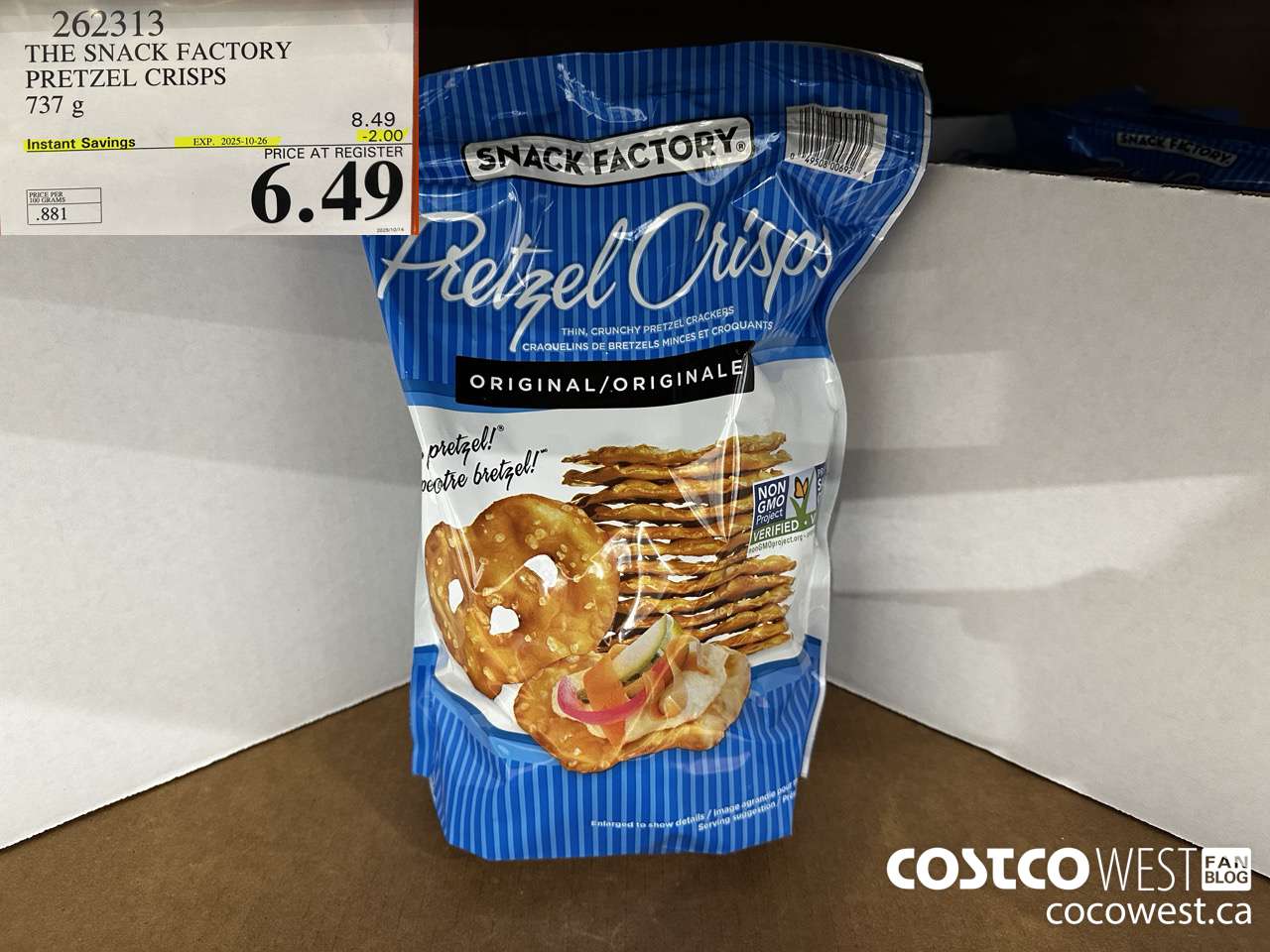262313 THE SNACK FACTORY PRETZEL CRISPS 737 g ($2.00 INSTANT SAVINGS EXPIRES ON 2025-10-26) $6.49