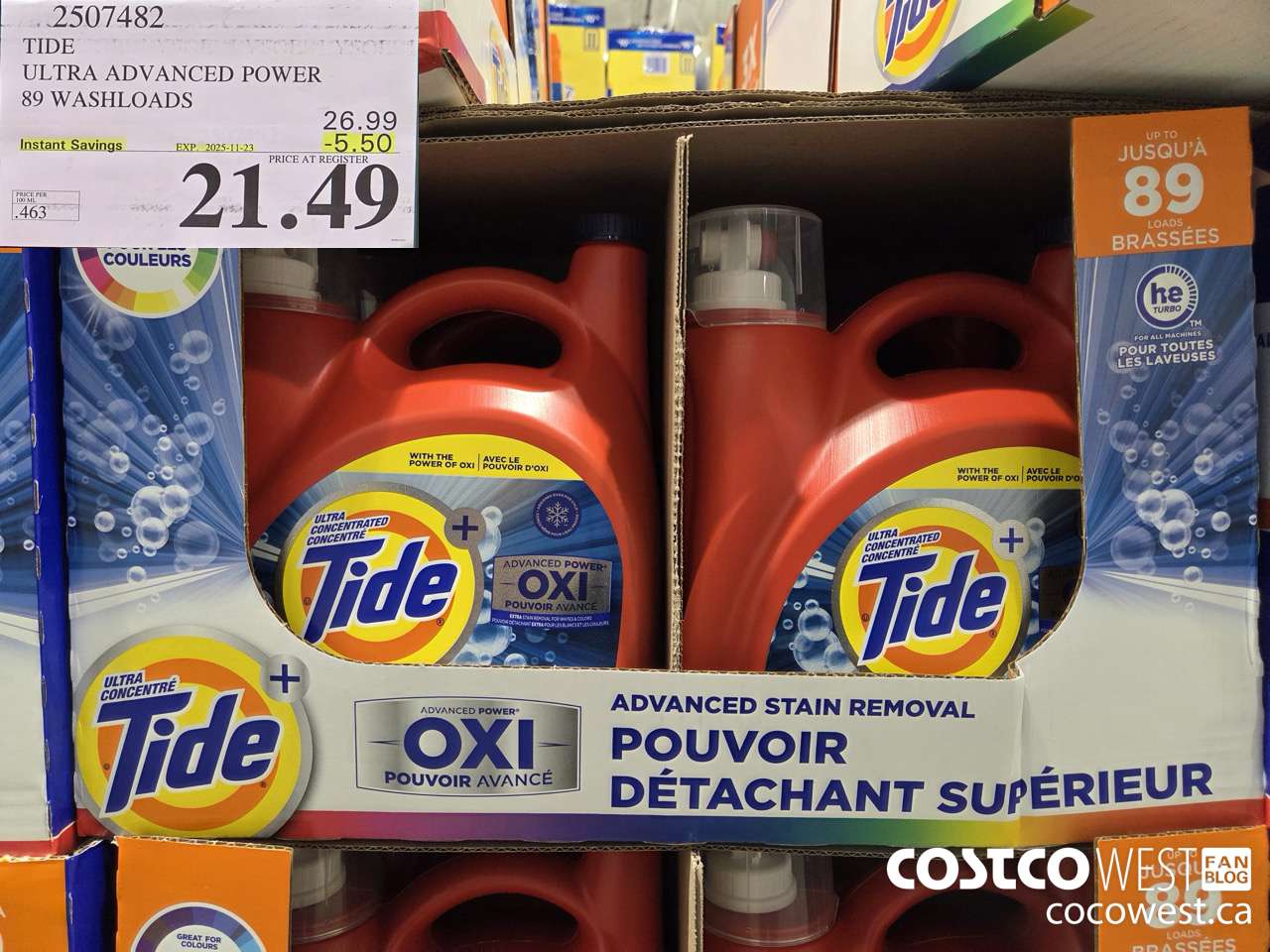2507482 TIDE ADVANCED POWER LIQUID DETERGENT 4.64 L 89 WASHLOADS ($5.50 INSTANT SAVINGS EXPIRES ON 2025-11-23) $21.49