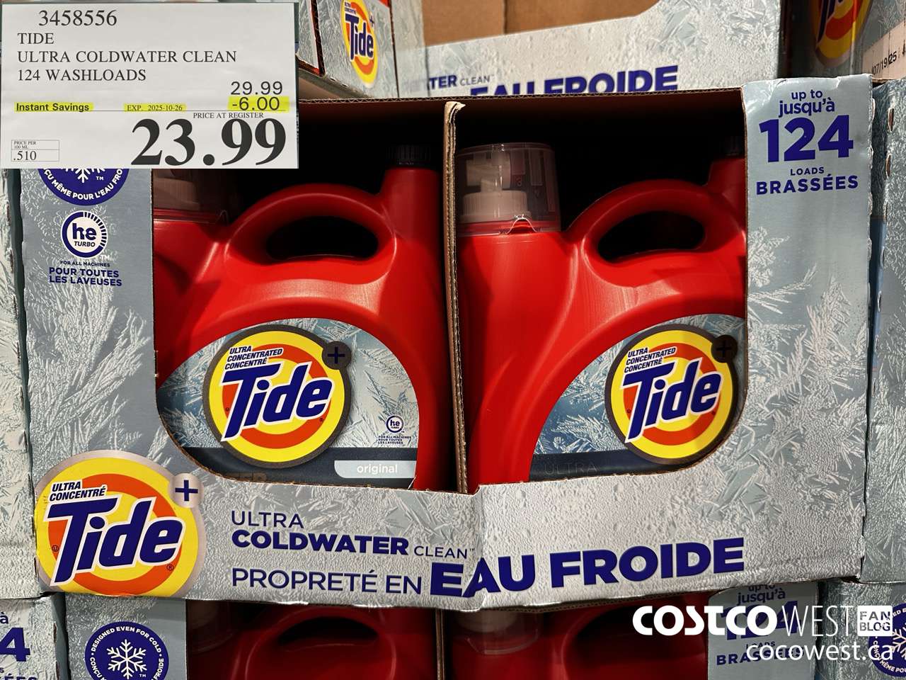 3458556 TIDE LIQUID COLDWATER HE 4.7L 124 WASHLOADS ($6.00 INSTANT SAVINGS EXPIRES ON 2025-10-26) $23.99