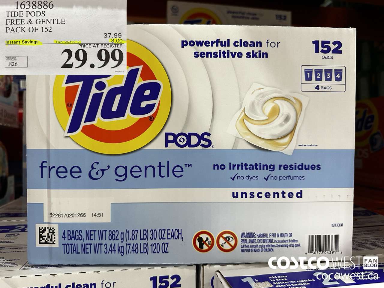 1638886 TIDE PODS FREE & GENTLE 152 pacs ($8.00 INSTANT SAVINGS EXPIRES ON 2025-10-19) $29.99