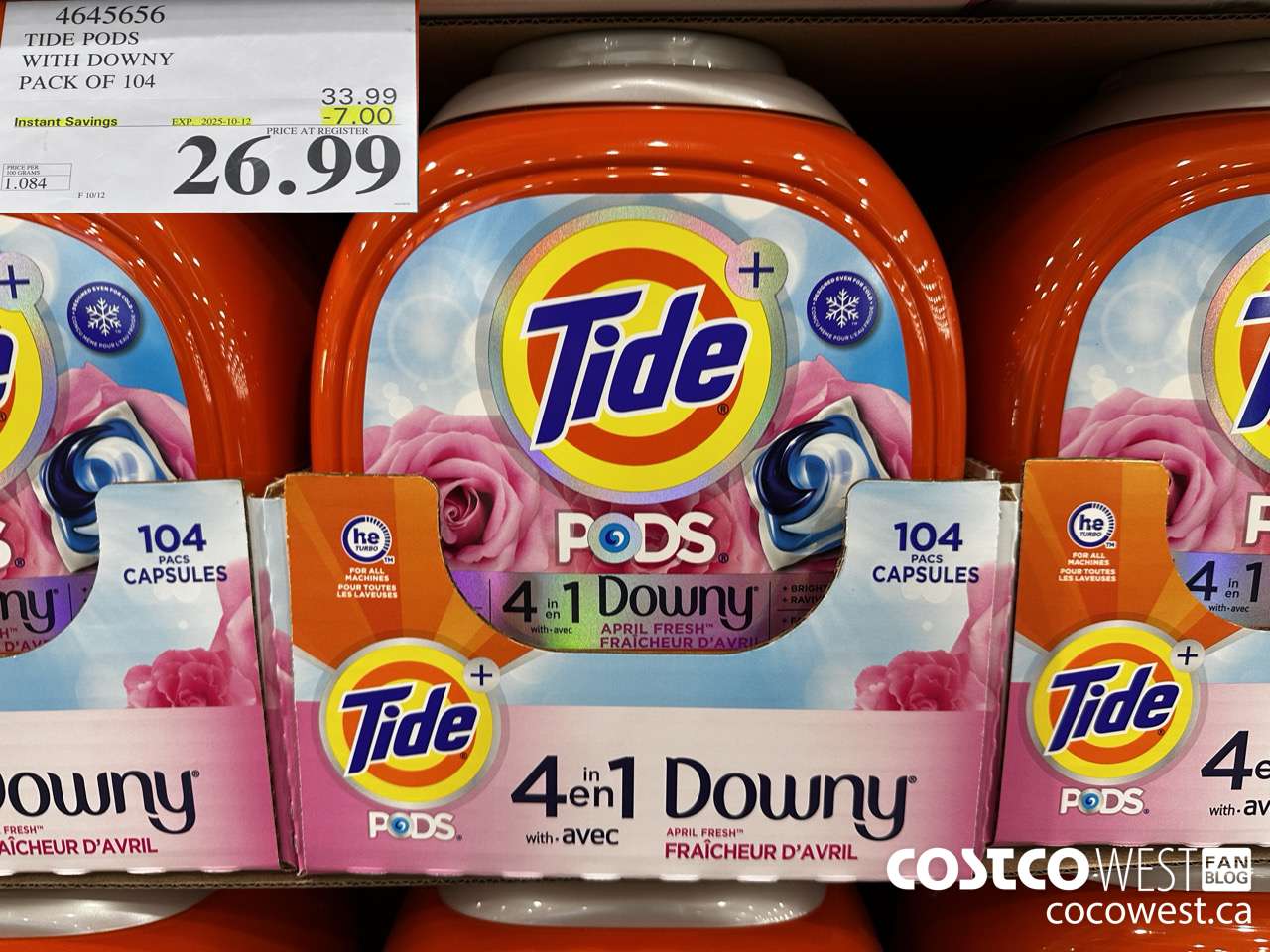 4645656 TIDE PODS WITH DOWNY PACK OF 104 ($7.00 INSTANT SAVINGS EXPIRES ON 2025-10-12) $26.99