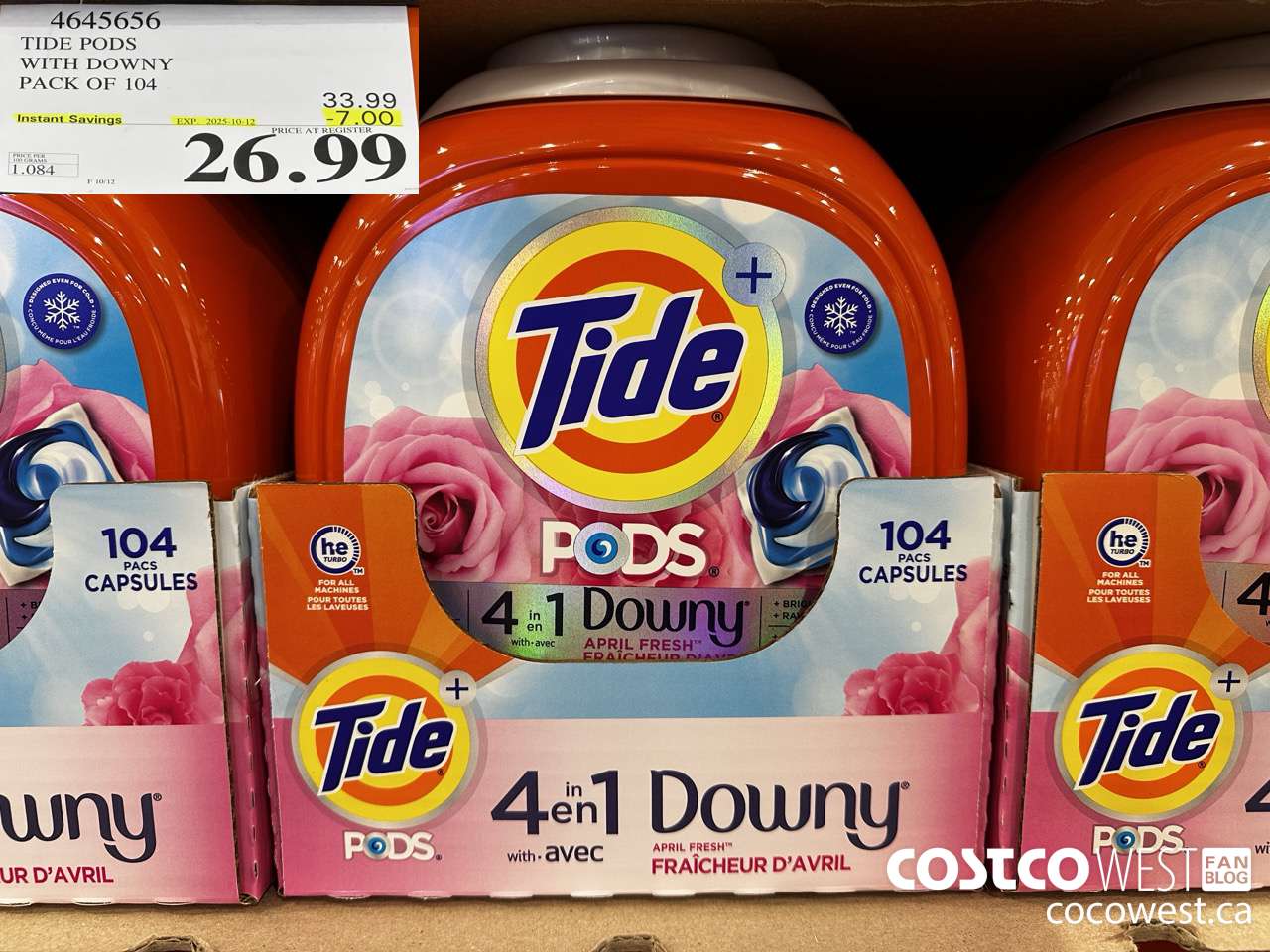 4645656 TIDE PODS WITH DOWNY PACK OF 104 ($7.00 INSTANT SAVINGS EXPIRES ON 2025-10-12) $26.99