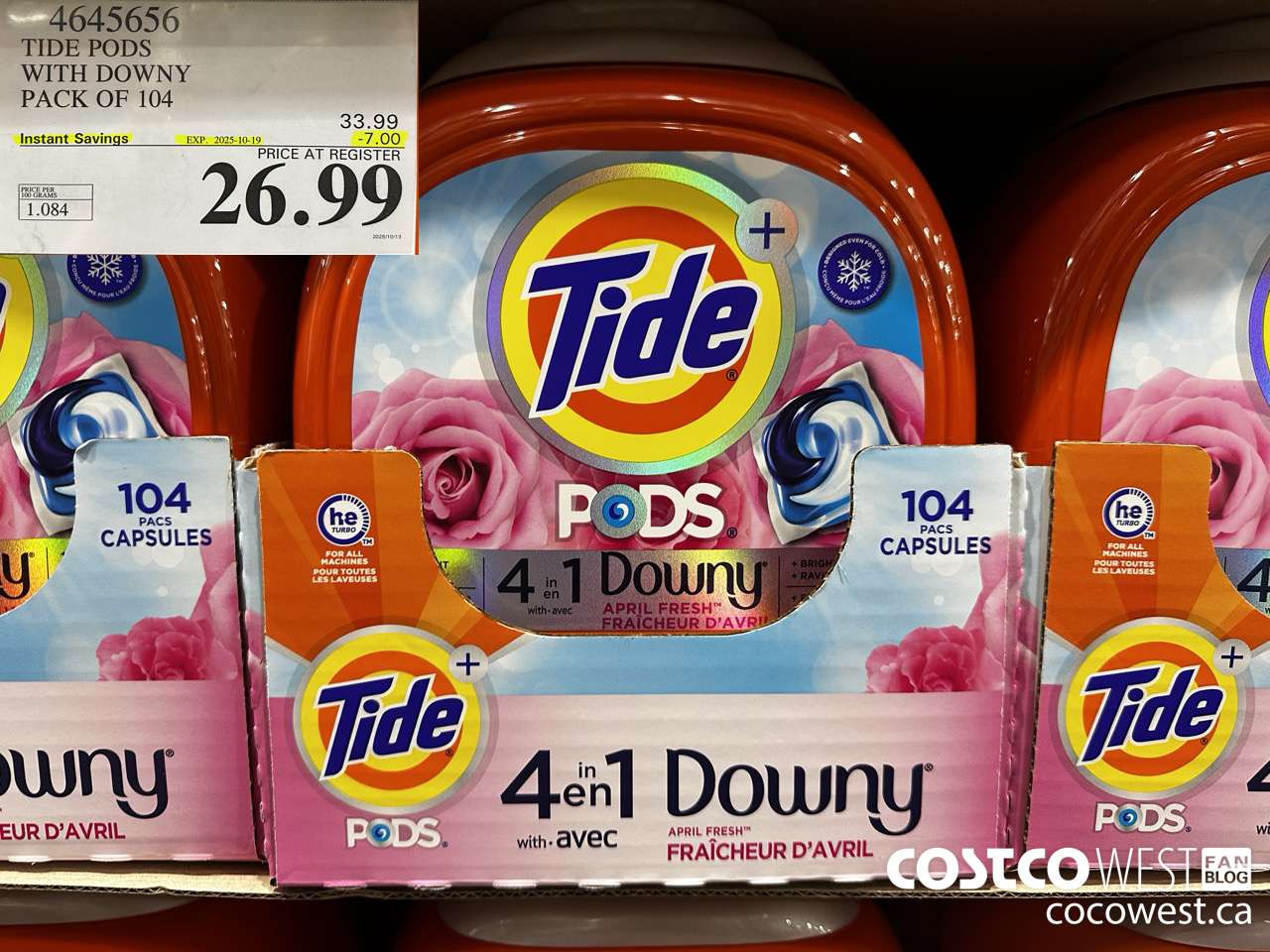 4645656 TIDE PODS WITH DOWNY PACK OF 104 ($7.00 INSTANT SAVINGS EXPIRES ON 2025-10-19) $26.99