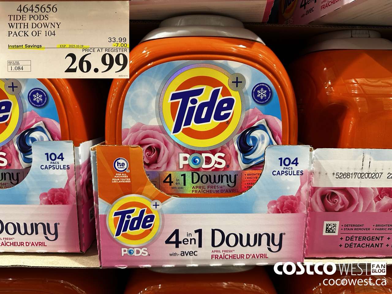 4645656 TIDE PODS WITH DOWNY PACK OF 104 ($7.00 INSTANT SAVINGS EXPIRES ON 2025-10-19) $26.99
