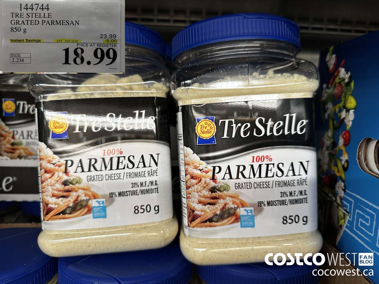 144744 TRE STELLE GRATED PARMESAN 850 g ($5.00 INSTANT SAVINGS EXPIRES ON 2025-10-05) $18.99