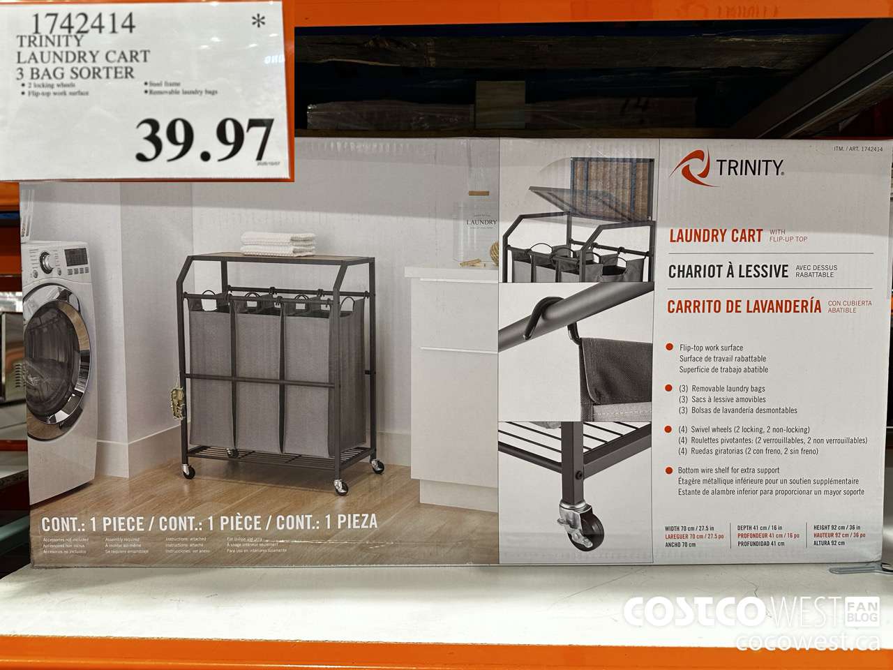 1742414 TRINITY LAUNDRY CART 3 BAG SORTER $39.97
