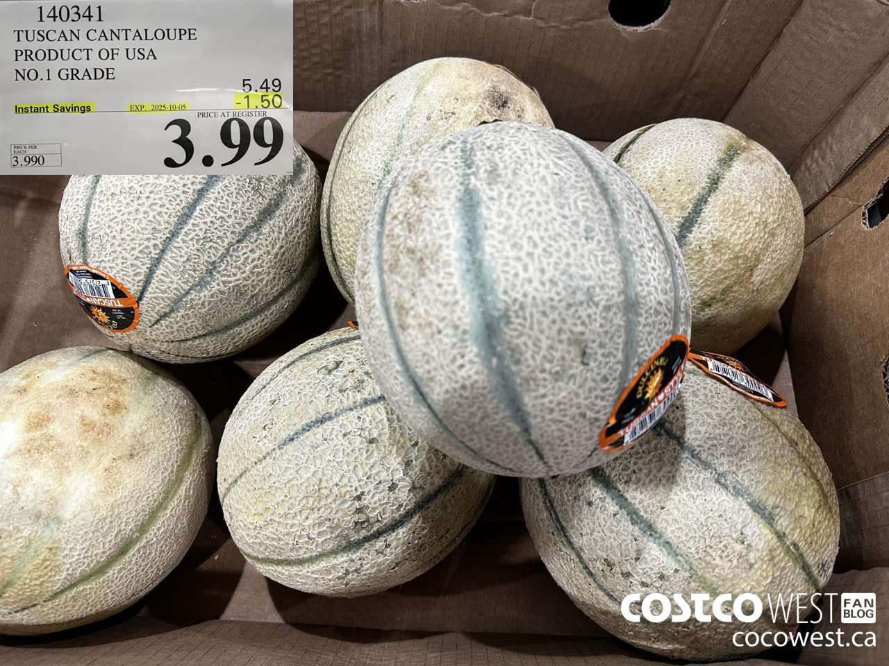 140341 TUSCAN CANTALOUPE PRODUCT OF USA NO. 1 GRADE ($1.50 INSTANT SAVINGS EXPIRES ON 2025-10-05) $3.99