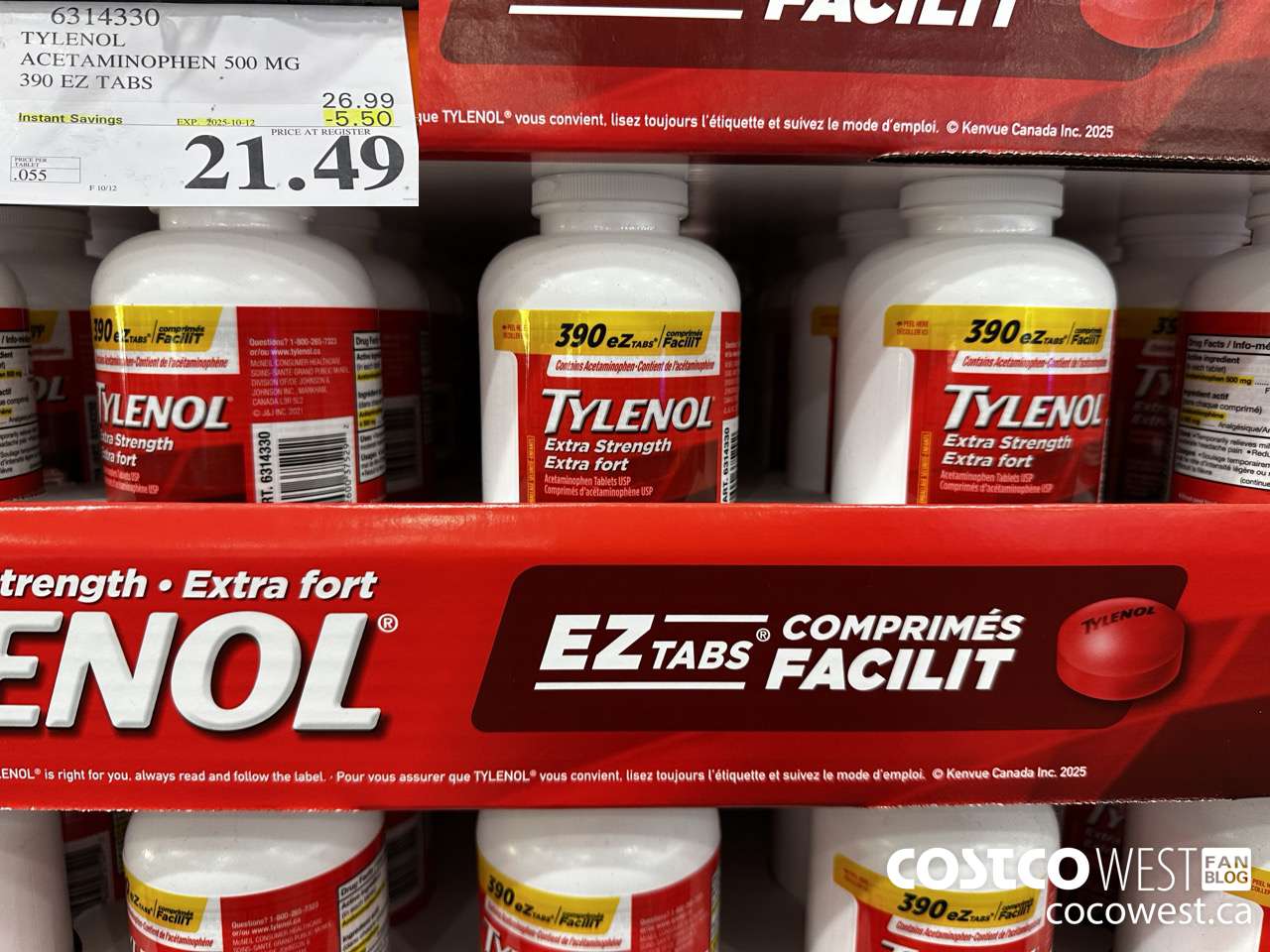 6314330 TYLENOL ACETAMINOPHEN 500MG 390 EZ TABS ($5.50 INSTANT SAVINGS EXPIRES ON 2025-10-12) $21.49