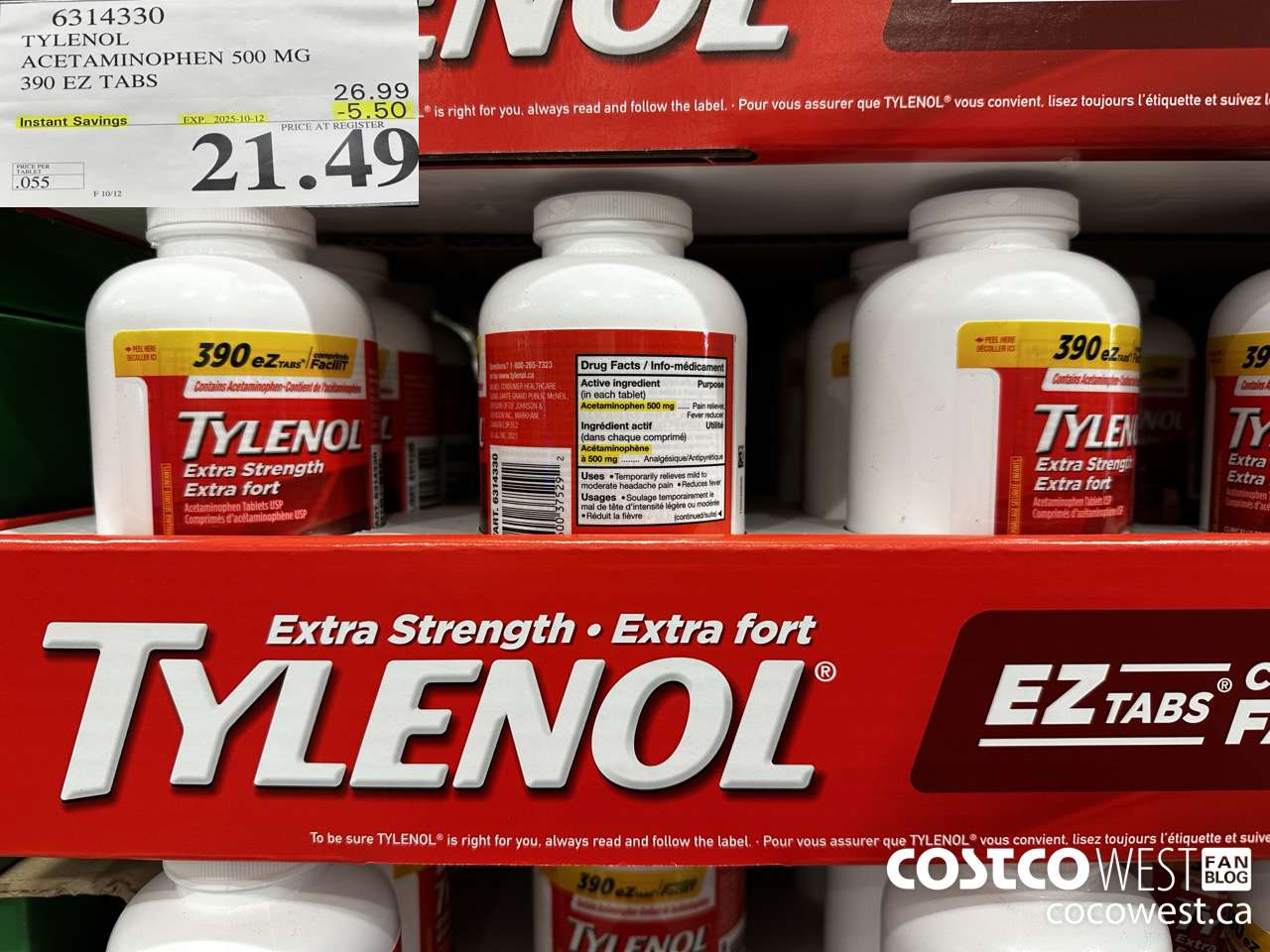 6314330 TYLENOL ACETAMINOPHEN 500MG 390 EZ TABS ($5.50 INSTANT SAVINGS EXPIRES ON 2025-10-12) $21.49
