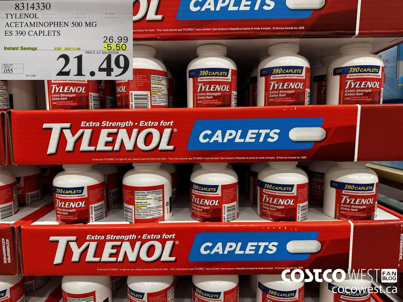 8314330 TYLENOL ACETAMINOPHEN 500MG ES 390 CAPLETS ($5.50 INSTANT SAVINGS EXPIRES ON 2025-11-09) $21.49