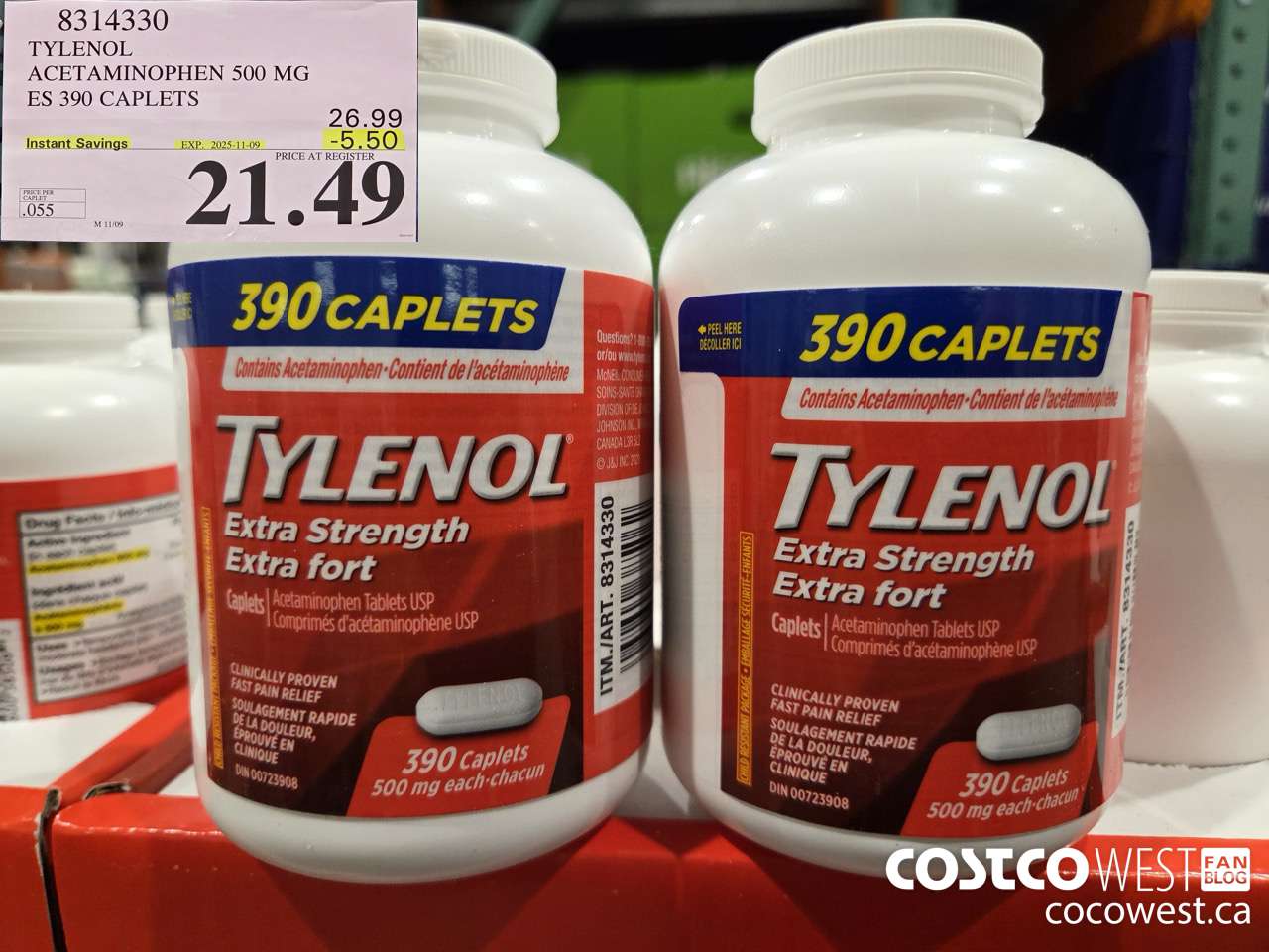 8314330 TYLENOL ACETAMINOPHEN 500MG ES 390 CAPLETS ($5.50 INSTANT SAVINGS EXPIRES ON 2025-11-09) $21.49
