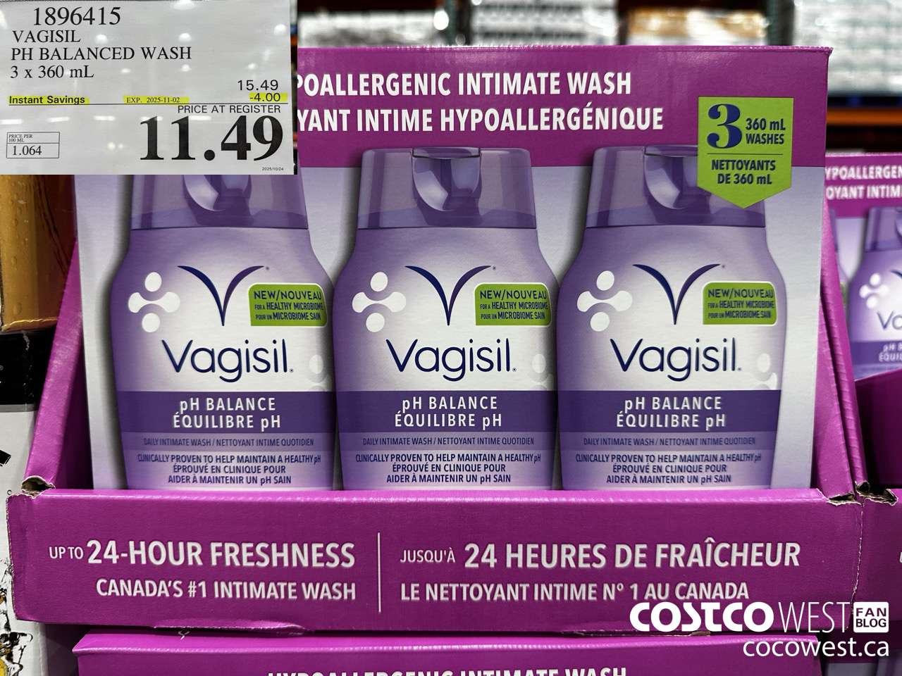 1896415 VAGISIL PH BALANCED WASH 3 X 360ML ($4.00 INSTANT SAVINGS EXPIRES ON 2025-11-02) $11.49