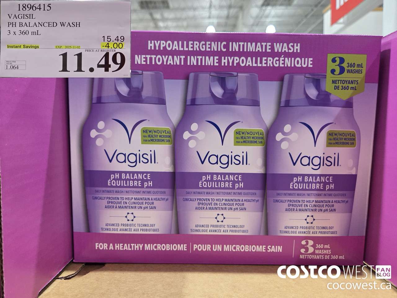 1896415 VAGISIL PH BALANCED WASH 3 X 360ML ($4.00 INSTANT SAVINGS EXPIRES ON 2025-11-02) $11.49
