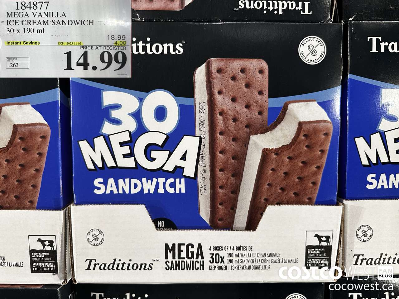 184877 VANILLA MEGA ICE CREAM SANDWICH 30 X 190 ML ($4.00 INSTANT SAVINGS EXPIRES ON 2025-11-02) $14.99